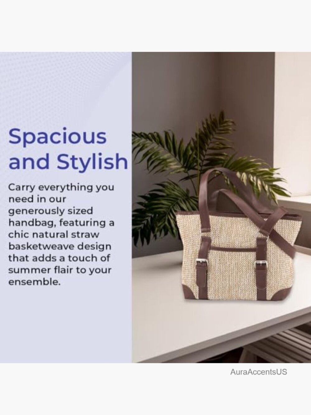 Straw Woven Shoulder Bag with Multiple Pockets Top Zip Closure - Picture 3 of 7